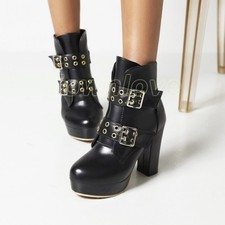 Women's Bootie High Block Heel Buckle Strap Punk Platform Round Toe Ankle Boots