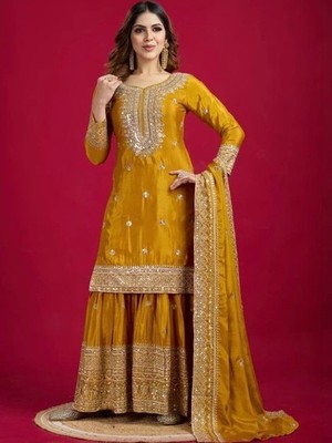 Women Ethnic Motifs Embroidered Regular Sequinned Kurta with Sharara & With Dupa