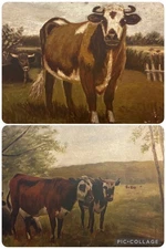 Antique Oil Painting Lot TWO Pastoral Cow Scenes, Framed, Female Artist