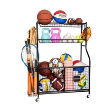 Sports Equipment Storage Organizer Rack with Rolling Wheels, Garage Ball Stor...