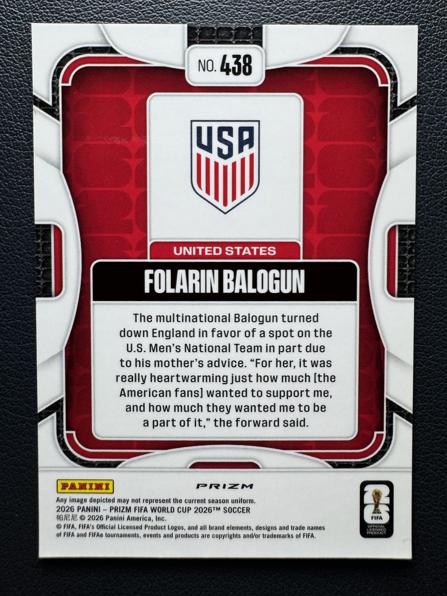 2026 Panini Prizm World Cup Folarin Balogun #438 Choice Giraffe Prizm SSP USA view 2