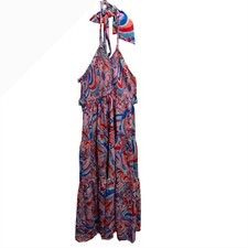 GRACE KARIN Women's Pink Blue Orange Swirl Print Smocked Halter Maxi Dress