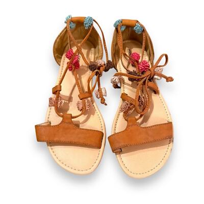 Maurices Brown Faux Leather Lace Up Tassel Pom Pom Flat Sandals Sz 8