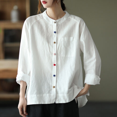 Retro Womens Cotton Linen Blouse Loose Casual Tunic Top Button Summer T-shirts