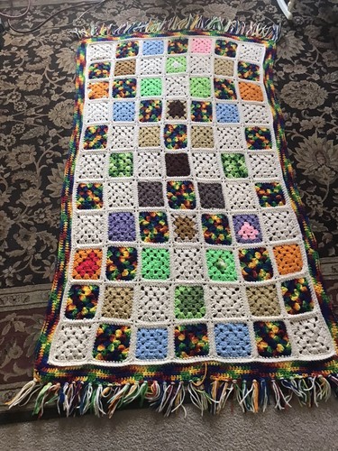 Vtg Rainbow Granny Square Blanket Throw 58"L x 38"W Multi-colored white fringed - Picture 4 of 23