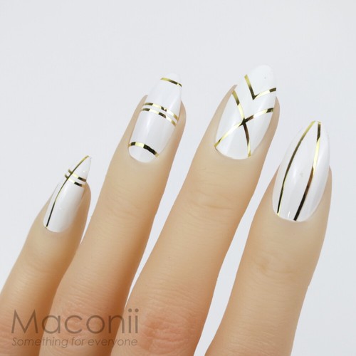 Press On Nails Stiletto Criss Cross White Creme Metallic Gold Foil Set Nail Tips - Picture 2 of 6