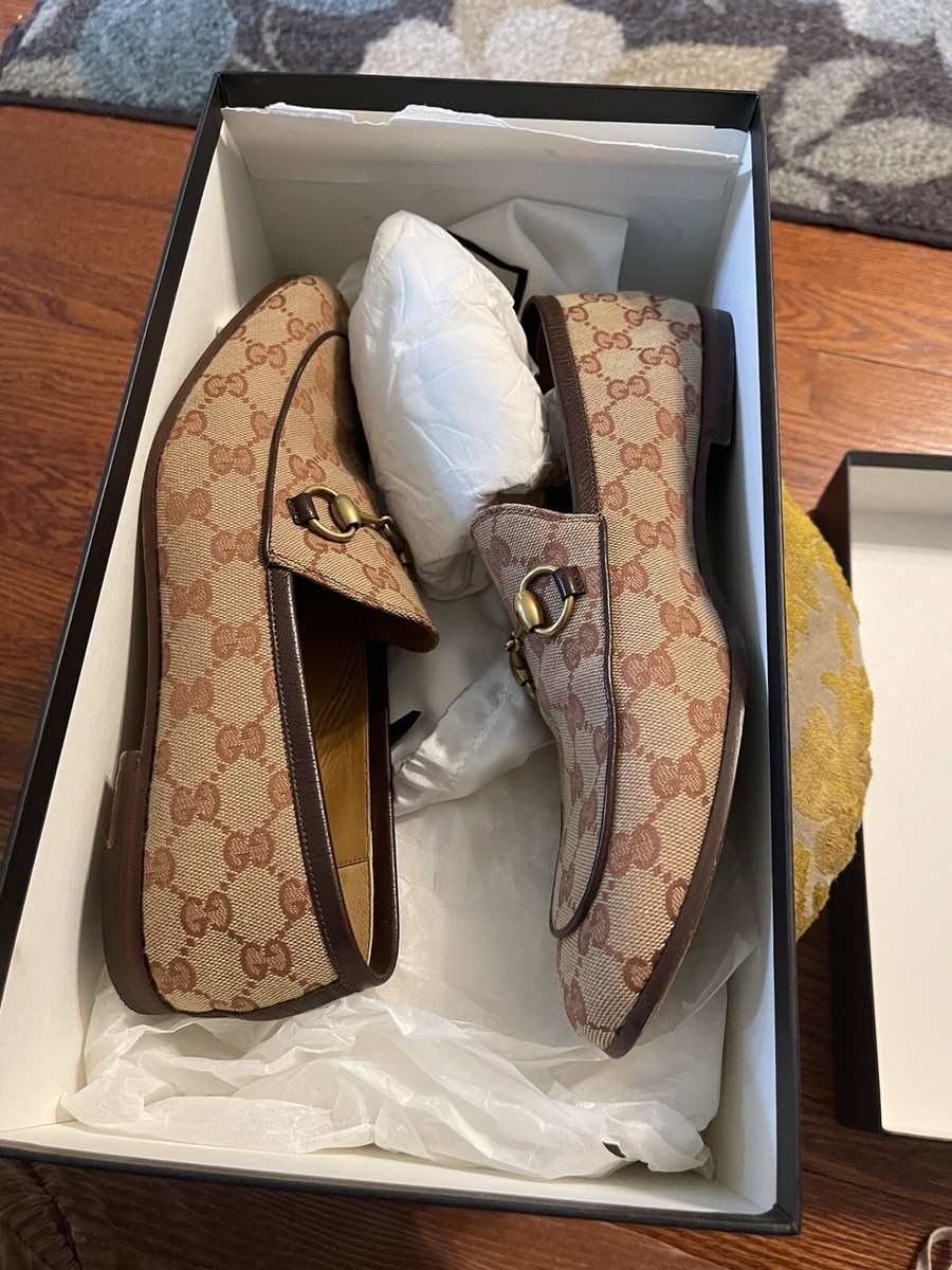 Gucci Men's GG Burgundy Brown Jordaan HorseBit Canvas Loafer 7.5