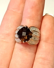 Gorgeous China 925 Sterling Silver Gold Wash Smoky Quartz Ribbed Ring - Sz 5