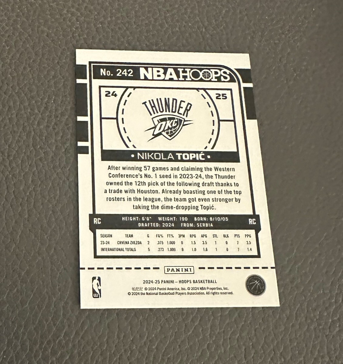 2024-25 Panini NBA Hoops - Nikola Topic #242 (RC) Rookie - Thunder