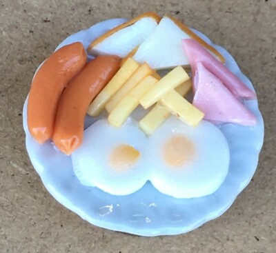 Puppenstube versilbertes Essen voll gebratenes Frühstück auf Keramikschale B Maßstab 1:12 tumdee