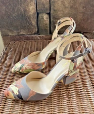 Nine West Sinclairo Ankle Strap Shoes 8 M Floral Taupe Brown Green Strappy New