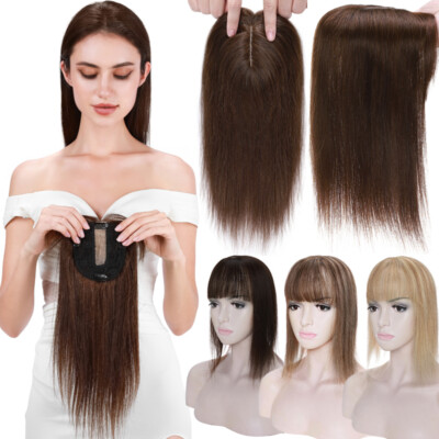 Large Base Clip In 100% Real Human Hair Topper Top Hairpiece Toupee Bob Bangs US