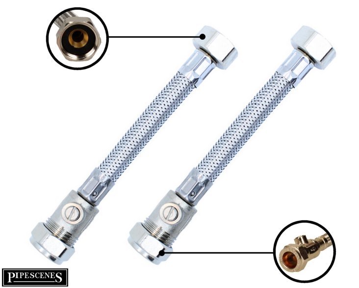 PAIR of Short Flexible Tap Tails Connectors 150mm Long 15cm with Built
