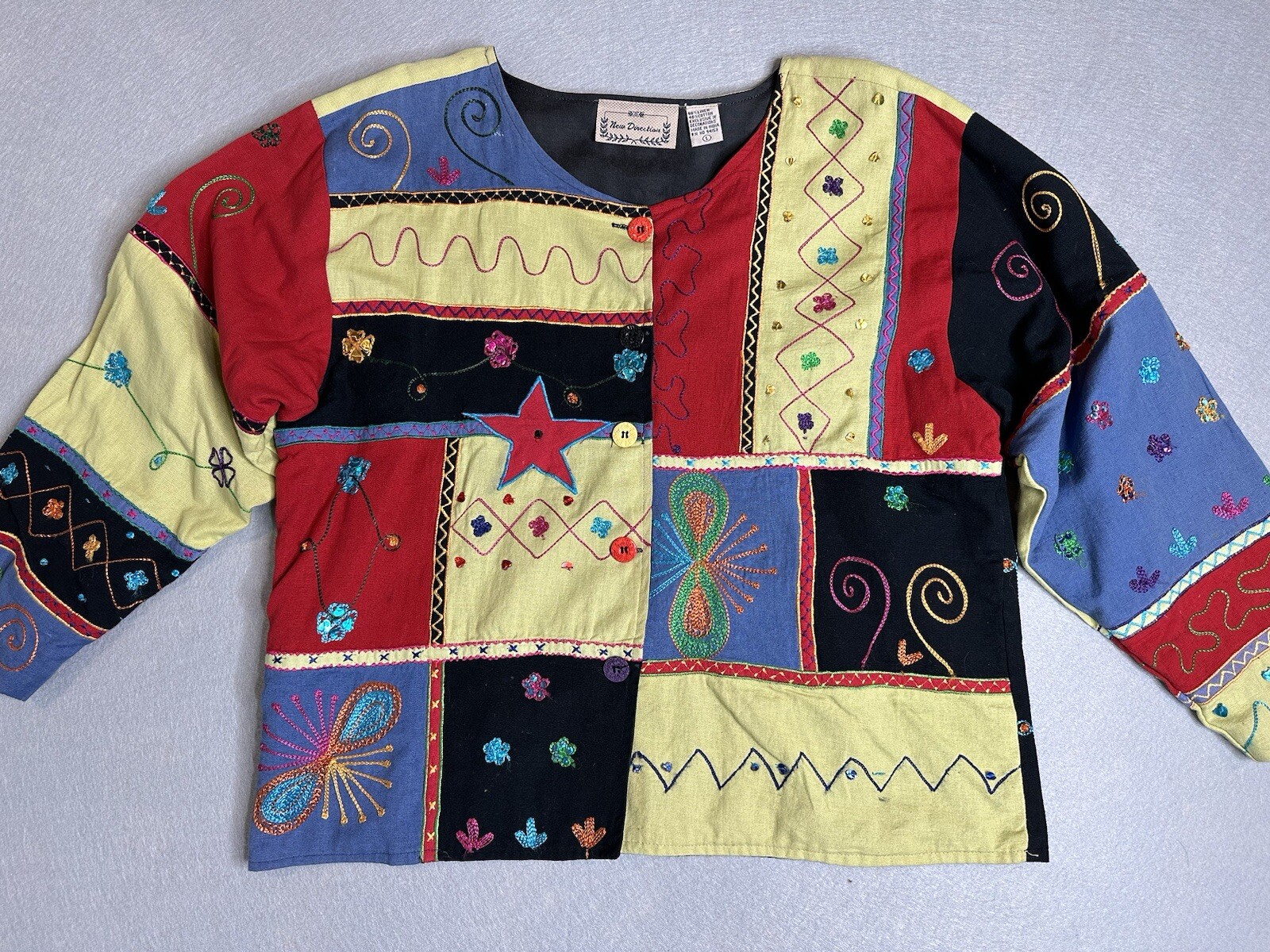 New Direction Patchwork Jacket Large Linen Blend … - image 1