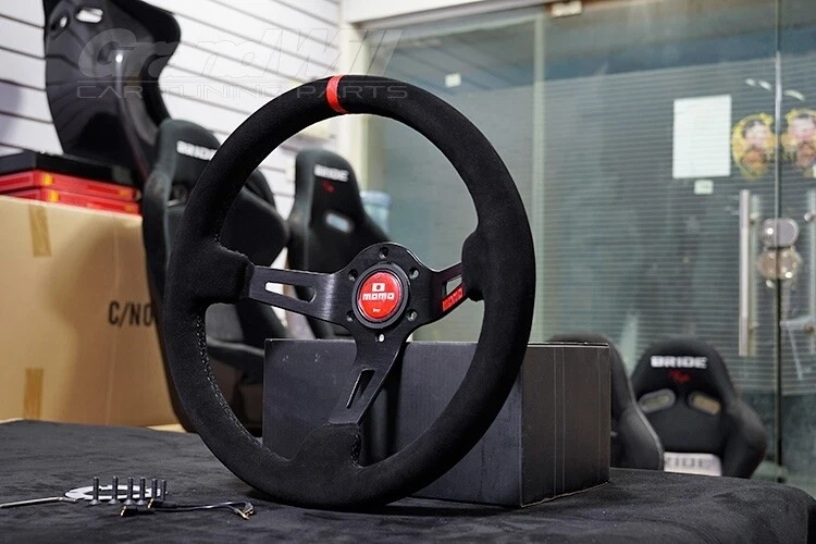 MOMO Suede Leather Deep Dish Racing Red horn Steering Wheel Black Red 13in - Image 2 of 4