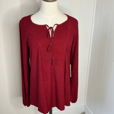 Daniel Rainn Womens Medium Jaymes Tassel Tie Neck Top Burgundy Dot Pattern NWT