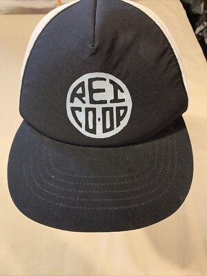 REI Co-Op Black/White Mesh Back Poly Trucker Cap Hike Outdoors