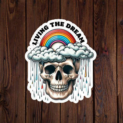 Skeleton sticker vinyl decal living the dream raining clouds rainbow sad funny