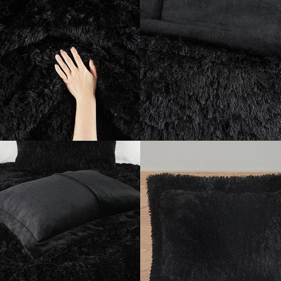 King/CAL King Black Soft Sherpa Faux Fur 3-Piece Comforter Set with Pillow Shams - Image 2 of 3