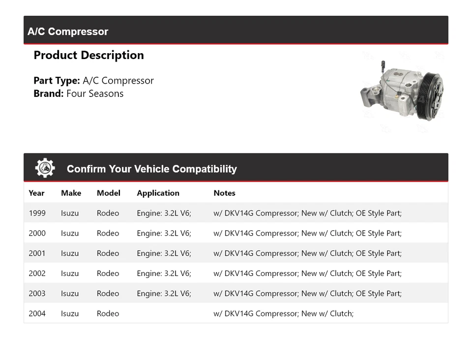 Para 1999-2004 Isuzu Rodeo A/C Compressor 4 Estações 2000 2001 2002 2003 - Imagem 2 de 4