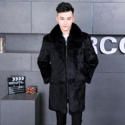Men's Real Rabbit Fur Fox Fur Collar Mid Long Coat Lapel Zipper