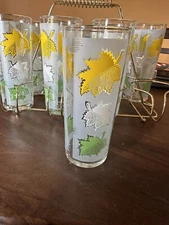 Mid Century 1950 Libbey Falling Leaves Tumblers Set Of  8 With Brass Caddy