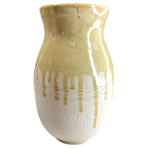 Bird Dee Studio Pottery Drip Glaze Vase 7.5" Signed Handmade Neutral Stoneware
