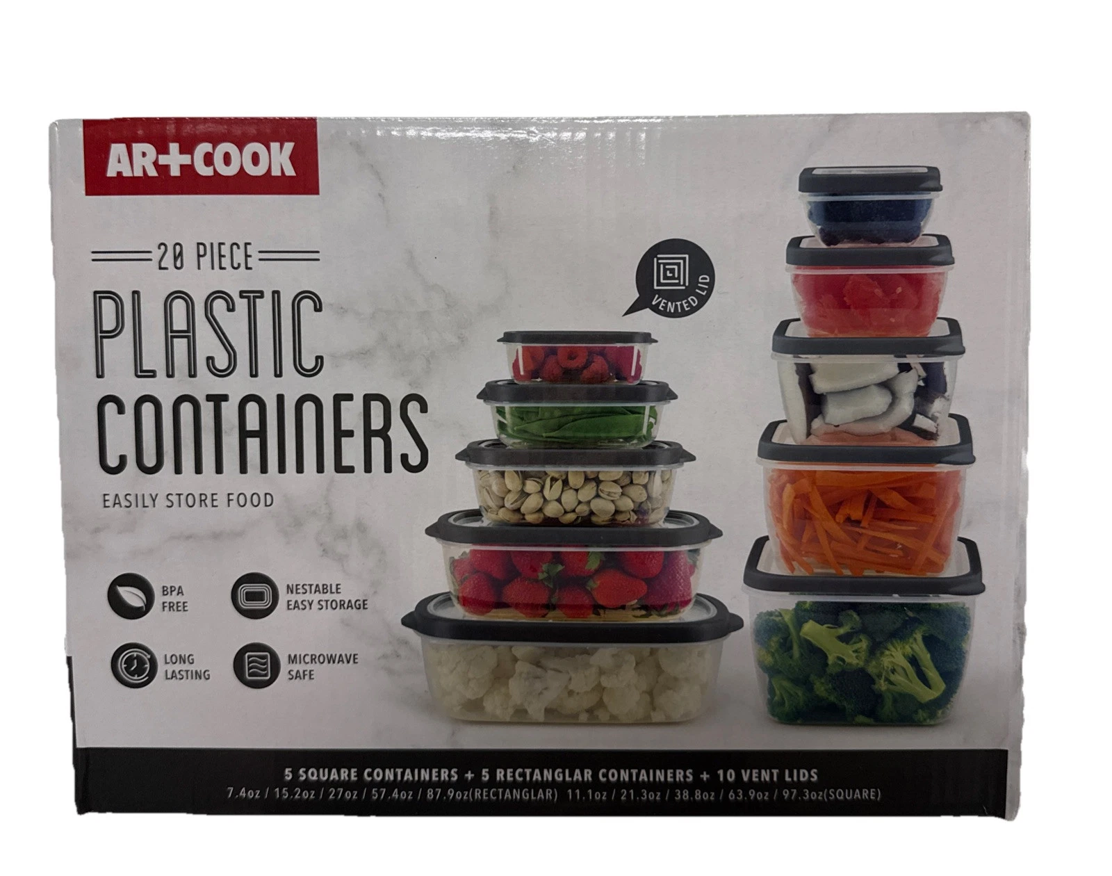 AR+COOK 20-piece FOOD STORAGE CONTAINER Set, BPA Free Plastic, Nestable, NIB🌟🎁
