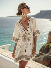 Women Striped V Neck Kaftan Mini Dress Loose Beach Cover Up Holiday Sundress