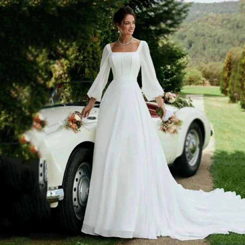 Chiffon Square Neck A-Line Wedding Dresses for sale | eBay