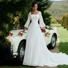 Simple Chiffon Long Sleeve Wedding Dresses Backless Sweep Train Bridal Gowns
