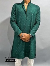 Men s Green Embroidered Kurta Indian Wedding Party Ethnic Long Tunic