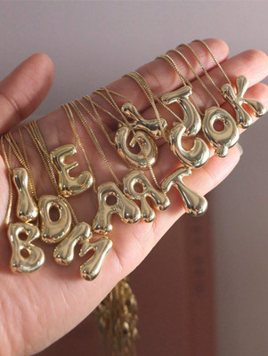 Gold Silver Balloon Initial Letter Pendant Necklace Chunky Bubble Alphabet Jewel
