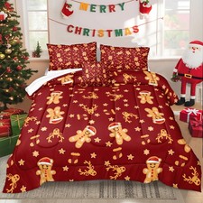 Queen Christmas Bedding Set: Red Gingerbread Stars Comforter for Teens
