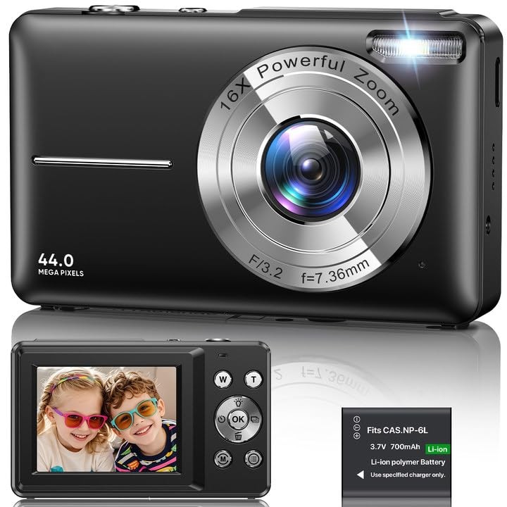 Digital Camera 1080P, 44MP FHD Compact Camera, 16X Zoom Black