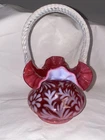 Fenton Cranberry Opalescent Daisy & Fern Art Glass Basket Twisted Rope Handle