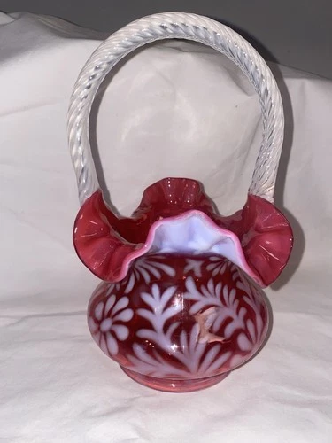 Fenton Cranberry Opalescent Daisy & Fern Art Glass Basket Twisted Rope Handle