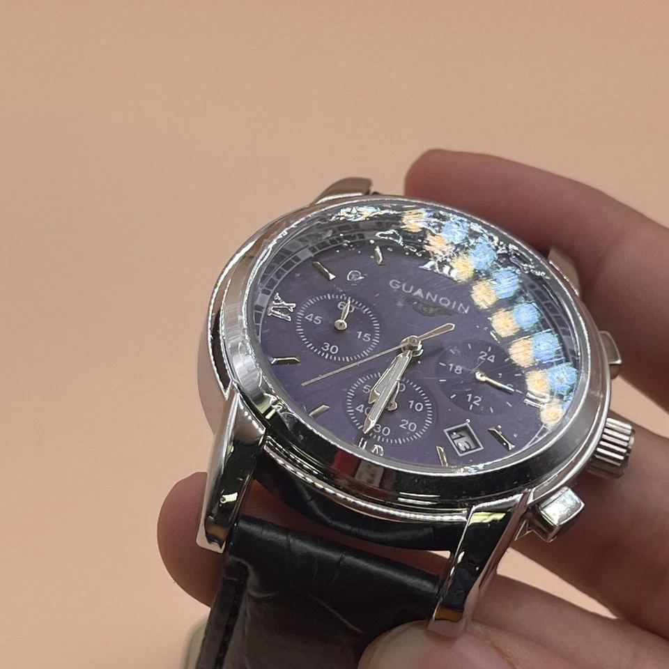 Guanqin Reloj Cronógrafo Cuarzo Hombre Esfera Negra Fecha Acero Inoxidable Cuero Foto 4 de 4