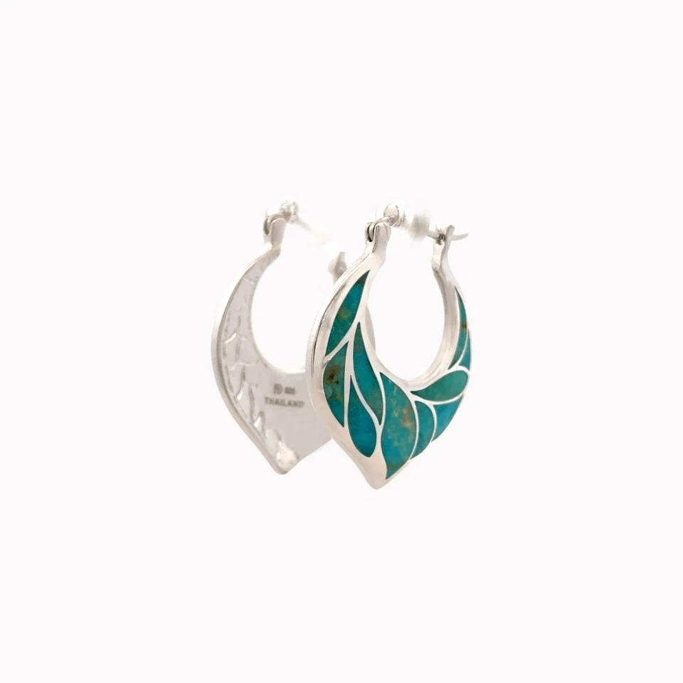 925 Sterling Silver Rhodium Plated Hoop Earrings Real Turquoise Inlay Jewelry - Image 2 of 4