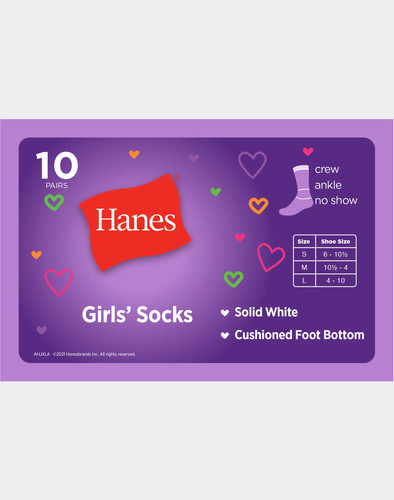 Hanes Girls' White No Show Socks 10-Pack - Picture 4 of 4