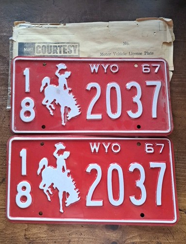 Vintage NOS 1967 Wyoming License Plate Matching Set Never Mounted See Photos
