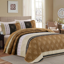 Brown Quilt Set King Size Striped Bedspread Coverlet Set 3 Pieces Boho Branch Fl