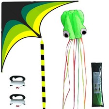 2P Kites,Large Green Kite and Mollusc Octopus with Long Tail, Big Kite for Be...