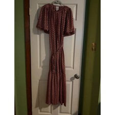 Raga Pink Gold Metallic Ikat Geometric Tiered Maxi Dress Button Front Large NWT