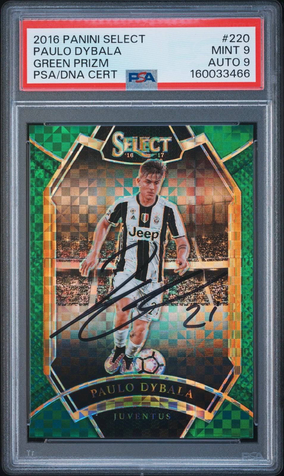2016 PANINI SELECT GREEN PRIZM #220 PAULO DYBALA 3/5 PSA 9 DNA AUTO 9 view 1