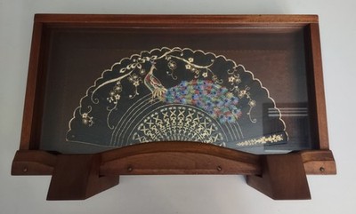 Vintage Oriental Fan in A Handmade Wooden Frame Glass Cover 