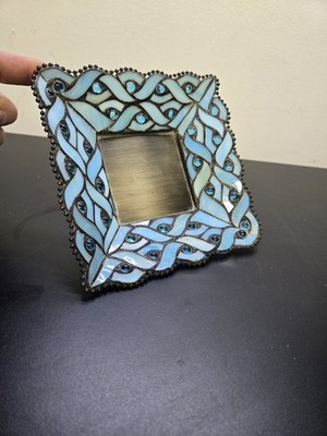 6-1/2  PartyLite Spring Water Square Candle Holder Tiffany Style Blue Glass