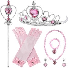 6 PCS Princess Dress Up Jewelry Set, Crown Wand Gloves Necklace Pink