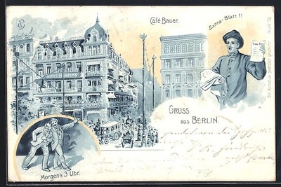 Lithographie Berlin, Café Bauer und Hotel Behrens, Betrunkene morgens um 3 Uhr 
