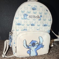 Disney Stitch Mini White/Blue Faux Leather Monogram Backpack Zip, Adjustable